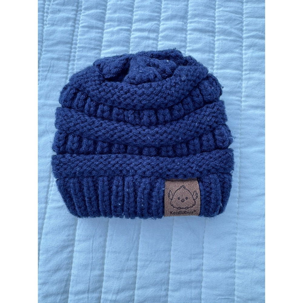 KeaBabies Kids Navy Blue Cable Knit Beanie Winter Hat with Logo Patch